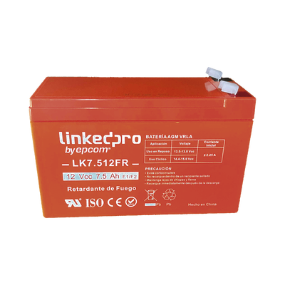Batería 12 V / 7.5 Ah / UL / Tecnología AGM / Vida útil promedio de 5 años / Retardante a la Flama / Para equipo electrónico, Alarmas de Intrusión / Incendio/ Control de acceso / Video Vigilancia / Incluye adaptad