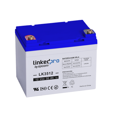 Batería 12 V / 35 Ah / UL / Tecnología AGM / Vida útil promedio de 5 años / Para uso en equipo electrónico, Alarmas de Intrusión / Incendio / Control de acceso / Video Vigilancia / Terminales T1 