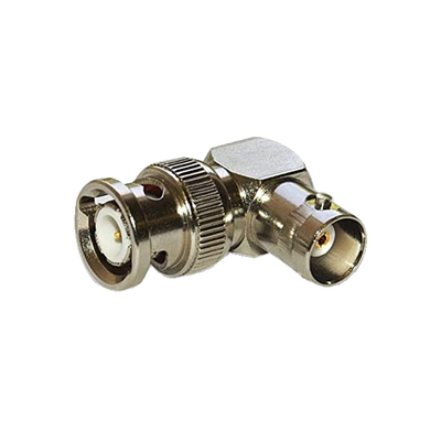 Adaptador en Ángulo Recto, de Conector BNC Macho a BNC Hembra, 50 Ohm (Monitor), Níquel/ Plata/ Teflón.