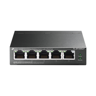 Switch PoE No Administrable de Escritorio / 5 puertos 10/100 Mbps / 4 puertos PoE af / Presupuesto 41 W / Modo extensor PoE hasta 250 metros / Calidad video prioritaria
