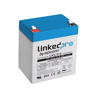 [LK5.512] Batería 12 V / 5.5 Ah / UL / Vida útil promedio 5 años / Tecnología AGM / Para uso en equipo electrónico, Alarmas de Intrusión / Incendio/ Control de acceso / Video Vigilancia / Terminales F1 ( Incluye adaptador F