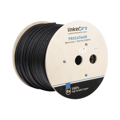 [PRO-CAT-6-AIR] Bobina de Cable FTP con Mensajero de Acero de 305 Metros (1000 Pies) Cat6+ Calibre 23, Color Negro, para Aplicaciones en Video Vigilancia y Redes de Datos / Uso en Intemperie y Aplicaciones Aéreas