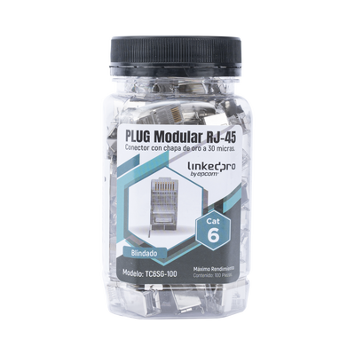 [TC6SG-100] Bote con 100 Piezas de Plug Modular RJ45 Cat6 Blindado con Pin de Tierra, Chapado de Oro a 30 Micras para Durabilidad Extrema