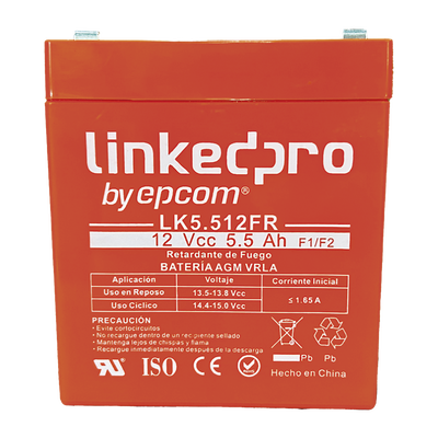 [LK5.512FR] Batería 12 V / 5.5 Ah / UL / Tecnología AGM / Vida útil promedio de 5 años / Retardante a la Flama / Para uso en equipo electrónico, Alarmas de Intrusión / Incendio/ Control de acceso / Video Vigilancia / Incluye 