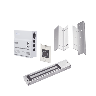 [KITMAG12V] Kit para control de acceso incluye Fuente de 12VCD con respaldo de batería/ Chapa magnética de 600Lbs / Montajes L y Z / Botón de salida 