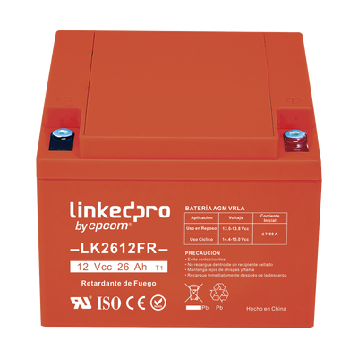 [LK2612FR] Batería 12 V / 26 Ah / UL / Tecnología AGM-VRLA / Vida útil promedio de 5 años / Retardante a la Flama / Para uso en equipo electrónico, Alarmas de Intrusión / Incendio/ Control de acceso / Video Vigilancia / Term