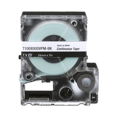 [T100X000VPM-BK] Casete de Etiquetas de Vinilo de Cinta Continua, Color Negro Sobre Blanco, Uso Interior/Exterior, 24 mm (0.94 Pulgadas) de Ancho x 7.6 Metros (24.93 Pies) de Largo