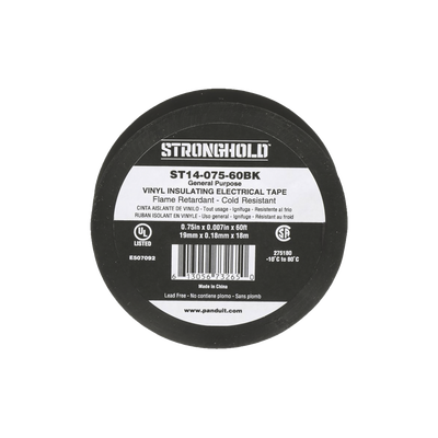 [ST14-075-60BK] Cinta Eléctrica STRONGHOLD para Aislar, de PVC, Uso General Reparación y Mantenimiento, Grosor de 0.18mm (7 mil), Ancho de 19mm, y 18m de Largo, Color Negro