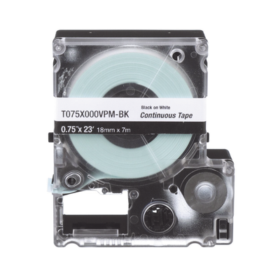 [T075X000VPM-BK] Casete de Etiquetas de Vinilo de Cinta Continua, Color Negro Sobre Blanco, Uso Interior/Exterior, 18 mm de Ancho x 7 Metros (22.97 pies) de Largo