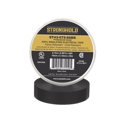 [ST43-075-66BK] Cinta Eléctrica STRONGHOLD para Aislar, de PVC, Uso Profesional en Construcción Eléctrica, Grosor 0.18mm (7 mil), Ancho 19mm, y 20m Largo, Color Negro.