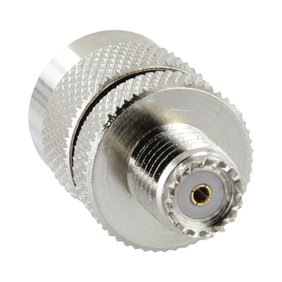 [RFU-626] Adaptador en Línea de Conector Mini UHF Hembra a UHF Macho (PL-259), Níquel/ Oro/ Teflón.