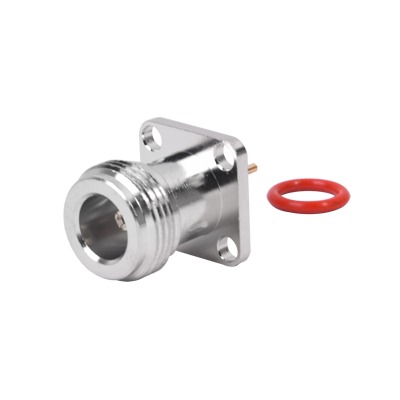 [RFN-1021-5] Conector N Hembra de Montaje de Panel con 4 perforaciones a 12.7 mm, soldable.