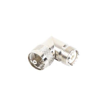 [RFU-532] Adaptador en Ángulo Recto, de Conector UHF Macho (PL-259) a UHF Hembra (SO-239), Níquel/ Oro/ Delrin.