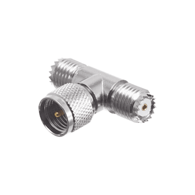 [RFU-631] Adaptador en T de Conector Mini-UHF Macho a Doble Mini-UHF Hembra, Níquel/ Plata/ Teflón.