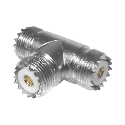 [RFU-534] Adaptador en forma T, de Conector UHF Hembra (SO-239) a Doble Conector UHF Hembra, Níquel/ Plata/ Delrin.