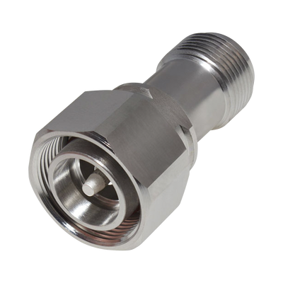 [RFD-43M-NF] Adaptador en Línea de Conector 4.3-10 Macho a N Hembra, Bronce Blanco/ Plata/ Teflón.
