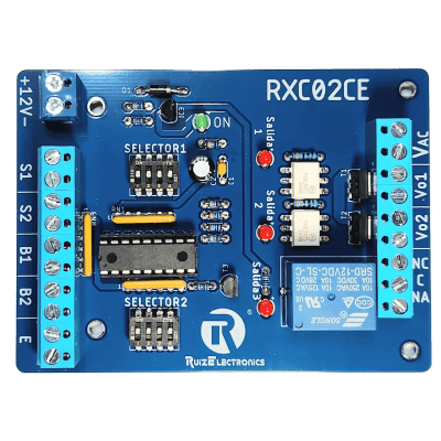 [RXC02CE] Controlador de Esclusas 2 Puertas / Alimentación 12VDC / Temporizadores Programables 0-30 seg / Entradas NC y NA / Salidas de Pulso 2 seg / Función Emergencia