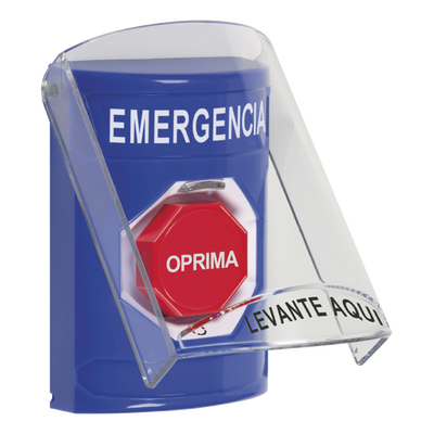 [SS2429EM-ES] Botón Multipropósito, Color Azul, De Superficie, Con Tapa De Policarbonato, Sin Bocina Prealarma, Para Interior, Girar Para Restablecer, Texto De Emergencia, Español