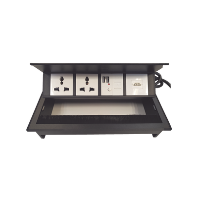 [THMC-HBOX] Caja Horizontal Tipo Hub para Escritorio Color Negro, con 1 Puerto HDMI Hembra-Hembra, 1 Puerto RJ45 Cat6, 2 Puertos USB (Solo Carga), y 2 Contactos Eléctricos Universales