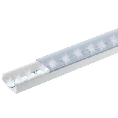 [TMK-1020-TP2] Difusor para tira LED con tapa transparente de PVC auto extinguible, ideal para colocar iluminación, 20 x 10mm, tramo de 1.53 m con cinta Autoadherible.