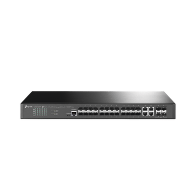 [TL-SG3428XF] Switch de Fibra Óptica L2+ Omada / 24 puertos SFP 1GE / 4 Puertos Combinados SFP+/RJ45 Gigabit / 2 Puertos Consola RJ45|micro-SUB / Administración Centralizada Omada o Stand-Alone / Compatile con IPv6 /  Multicast IGMP