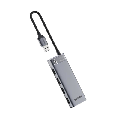 [15548] HUB USB-A 3.2 Gen1 4 EN 1 | 4 Puertos USB-A (5Gbps) | Carcasa ABS + PC | Soporta OTG | Luz Indicadora LED | Cable de Nylon Trenzado de 20cm (Mas de 20000 flexiones) | Interfaz Niquelada | Color Gris Metalizado.