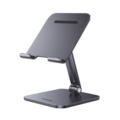 [40393] Soporte de Aluminio para IPad & Tablet | Plegable |Angulo Ajustable de 180° y 270° | Base Antideslizante | Protección  de Silicona | Amplia Compatibilidad con dispositivos de 7.9'' a 12.9'' | Aluminio Solido | Color Gris