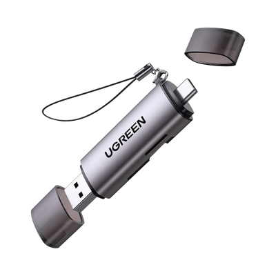 [50706] Lector de Tarjetas USB-C + USB-A a MicroSD (TF)/SD | OTG | USB-C 3.1 | 5Gbps | Soporta hasta 2TB | Soporta Windows/Mac OS/Linux/Android | Lectura de Tarjetas Simultánea | Caja de Aluminio | Llavero Anti-perdida. 