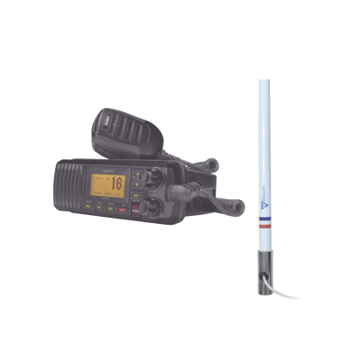 [UM-385BK/KIT5101] Kit de radio UM385BK | mas antena marina de fibra de vidrio TX-5101SYS/10M fabricada en fibra de vidrio con base roscable de acero inoxidable 