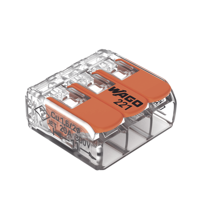 [221-413] Borne de Conexión con Palancas / 3 Conductores / Carcasa Transparente / Tecnología CAGE CLAMP® / 4 mm² (12 AWG) / 450V 32A / T85