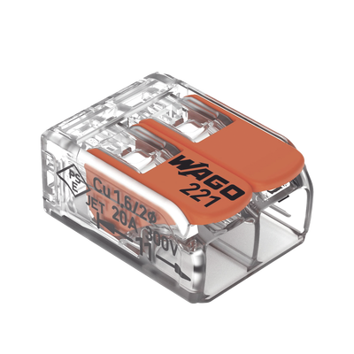 [221-412] Borna de Conexión / Serie 221 / Palancas Naranja / 2 Conductores 4 mm² / Carcasa Transparente / 300V 20A / T85 / UL ENEC Certificado