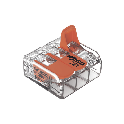 [221-613] Borna de Conexión con Palancas / 3 Conductores / CAGE CLAMP® / 6 mm² (10 AWG) Máximo / 32A 450V / Transparente / Palancas Naranja / TB85