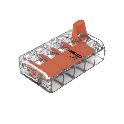[221-615] Conector Eléctrico / Borna de Conexión con Palancas / 5 Puntos / 6 mm² Máximo / 30A 450V / Transparente / CAGE CLAMP® / UL-ENEC-CB