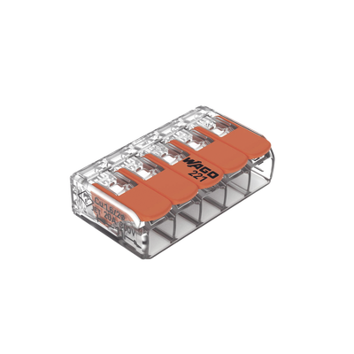 [221-415] Borna de Conexión / 5 Conductores / 4 mm² Máximo / Palanca Naranja / Transparente / 32A 450V / UL JET ENEC / CAGE CLAMP® / T85