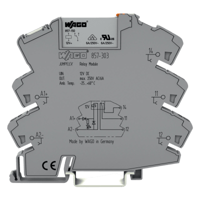 [857-303] Módulo Relé 12V DC / 1 Inversor / 6A Corriente Permanente / Push-in CAGE CLAMP® / Indicador LED Amarillo / Aislamiento Reforzado / IP20 / Carril DIN-35