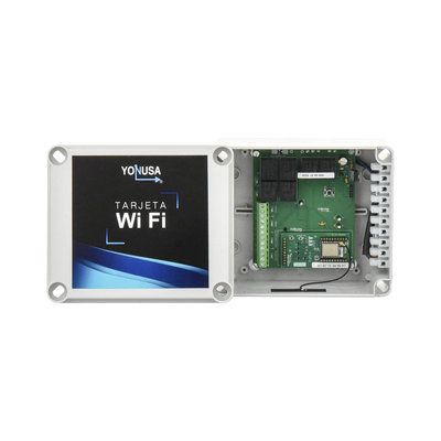 [TARJET-WIFI-V2] Modulo WIFI con gabinete para uso en Energizadores YONUSA/Aplicación sin costo/Activación Remota de 4 salidas tipo Relay con alta capacidad.