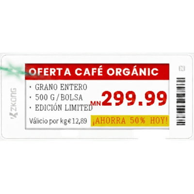 [ZKC29B] Etiqueta Electrónica de Estantería ZKE29B / Pantalla EPD Gráfica 2.9 Pulgadas / Resolución 296x128 Píxeles / 4 Colores (Negro Blanco Rojo Amarillo) / BLE 5.0 con Encriptación AES-128 / Batería 5 Años