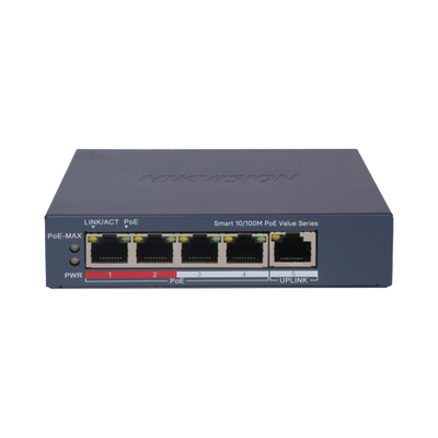 [DS-3E1105P-EI/M] Switch PoE+ / Monitoreable / 4 Puertos 10/100 Mbps PoE+ / 1 Puerto 10/100 Mbps Uplink / Configuración Nube Hik-PartnerPro / Modo Extendido hasta 300 Metros /  45 W
