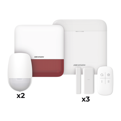 [DS-PWA48-KV2(R)] (AX PRO) KIT de Alarma AX PRO / Incluye: 1 Hub con batería de respaldo / 2 Sensores PIR / 3 Contactos Magnéticos mini / 1 Control Remoto / 1 Sirena Inalambrica Exterior color rojo  / WiFi / Compatible con Hik-Connect P2P