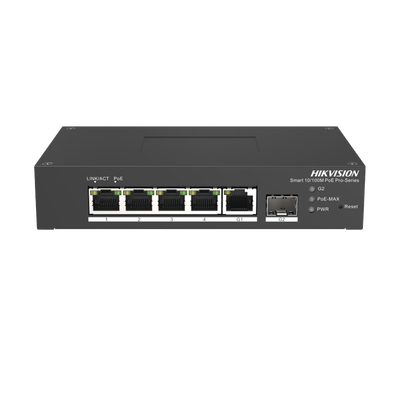 [DS-3T1306P-SI/HS] Switch PoE+ Industrial de Escritorio / Administrable / 4 Puertos 10/100 Mbps PoE+ / 1 Puerto 1000 Mbps Uplink / 1 Puertos SFP  /  Configuración Nube Hik-PartnerPro / Modo Extendido hasta 300 Metros / 60 Watts