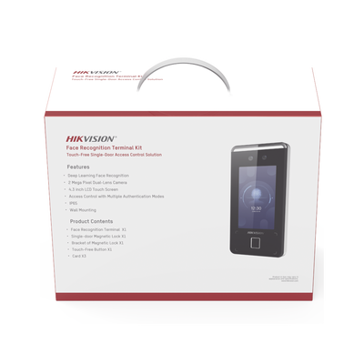 [DS-KAS541] Kit de Control de Acceso TODO INCLUIDO con Lector de Rostros, QRs , Tarjetas y Huellas / 3,000 Rostros / Compatible con App Hik-Connect / Videoportero / Incluye Electroimán  Botón de Salida y Montajes Z y L para imán / HIK-IA