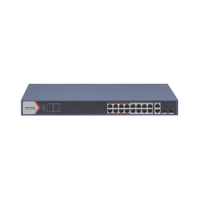 [DS-3E1318P-EI(B)] Switch PoE+ / Monitoreable / 16 puertos 10/100 Mbps PoE+ / 2 Puertos 1000 Mbps Uplink / 2 Puertos SFP de Uplink /  Configuración Nube Hik-Partner Pro / Modo Extendido hasta 300 metros / 230 W 