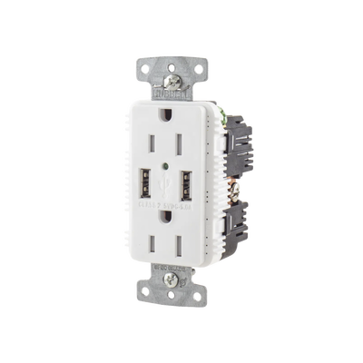 [HUB-USB-15A-5W] Contacto Dúplex con 2 Puertos USB, 15A 125V, 2 Polos, 3 Hilos, Color Blanco. 