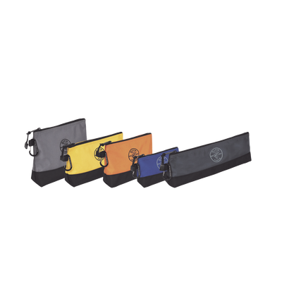 [55569] KIT 5 Bolsos Ultra Resistentes para Herramientas con Base y cierre Zipper, Colores: gris claro, amarillo, naranja, azul, gris oscuro. Todos con Mosquetones de Aluminio.